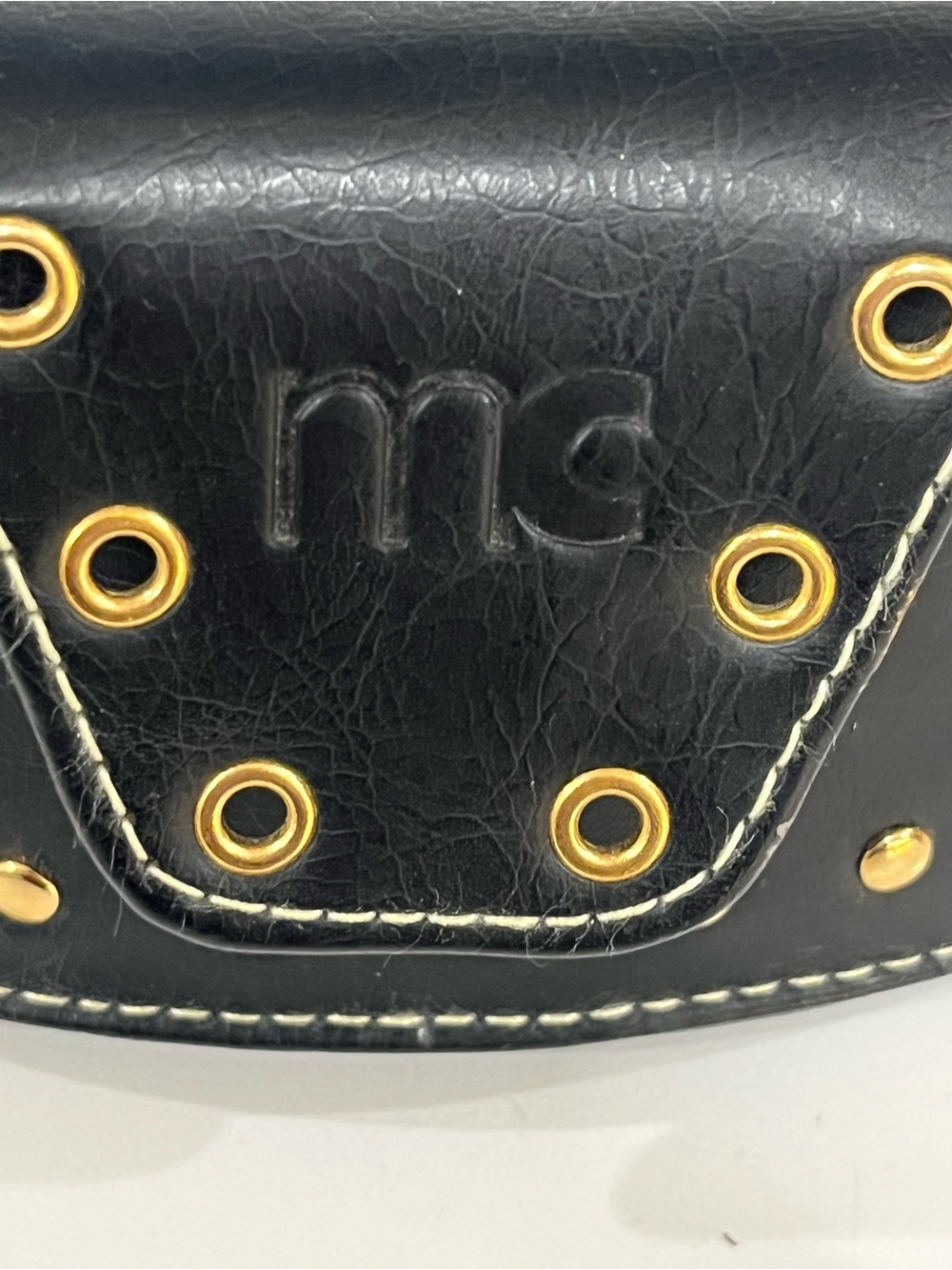 Black Leather Marie Claire Eyeglass Case with Gold Eyelet Accents